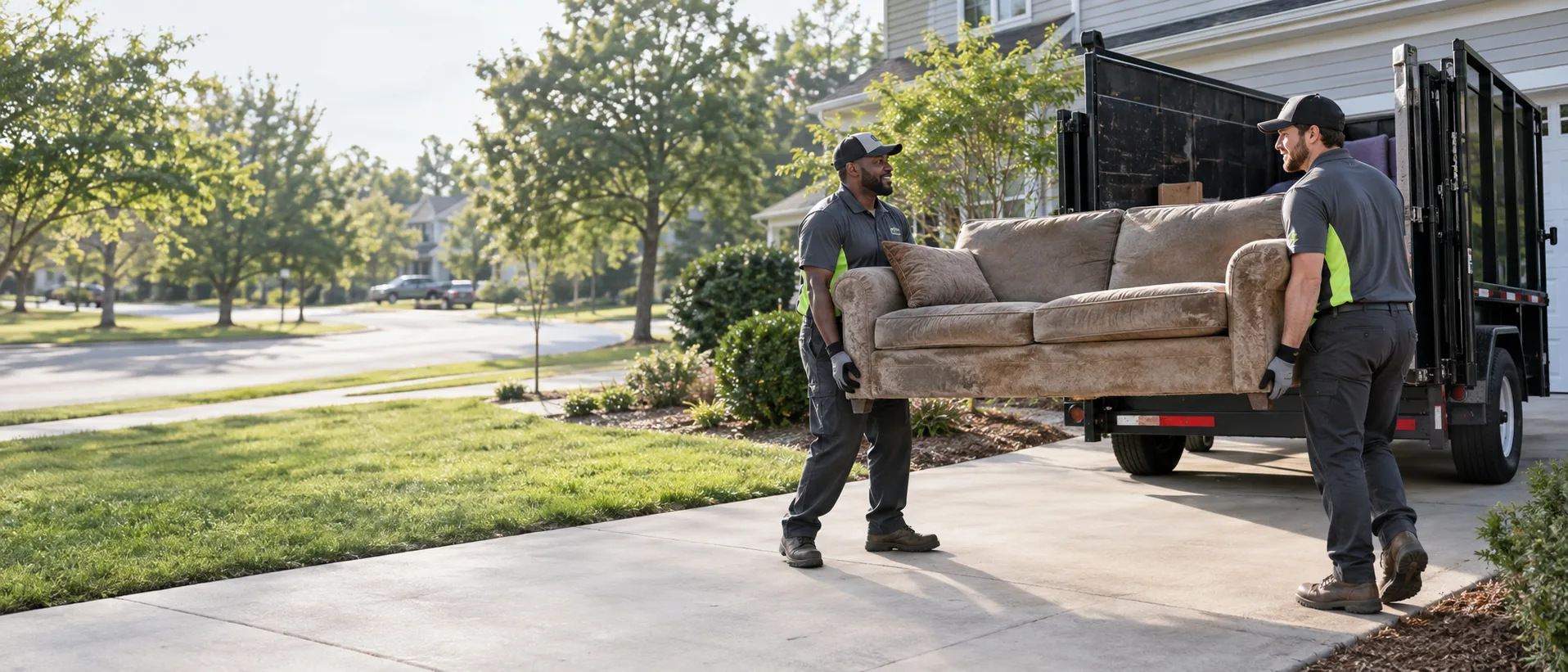 Two EcoClear crew members loading a sofa into a dump trailer